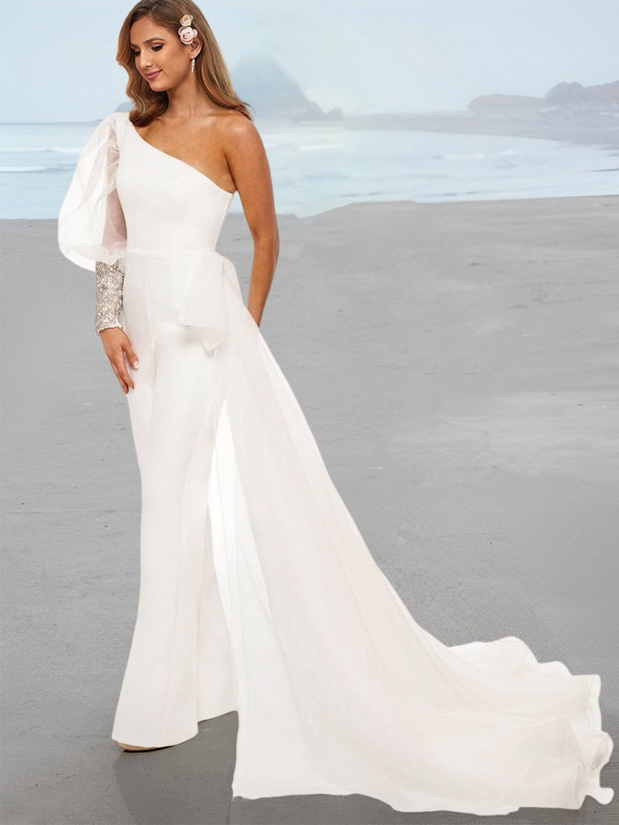 One-Shoulder Wedding Pant Suit Styles with Sequins & Watteau Train