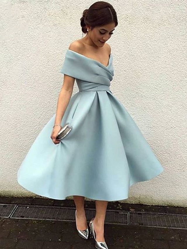 A-Line/Princess Off-the-Shoulder Tea-Length Prom Dresses