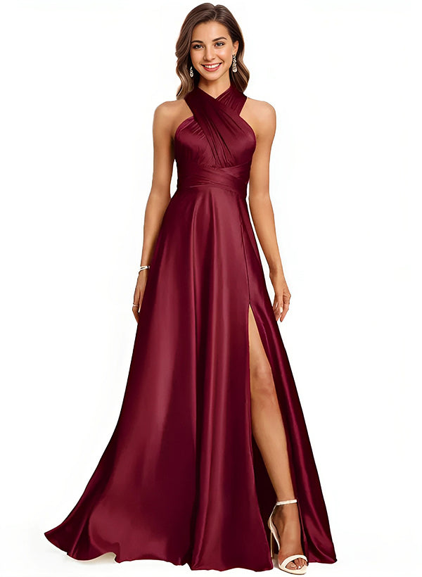 A-Line/Princess Halter Floor-length Long Bridesmaid Dresses