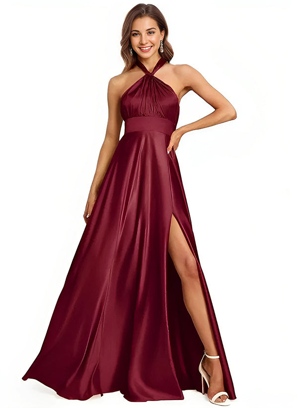 A-Line/Princess Halter Floor-length Long Bridesmaid Dresses