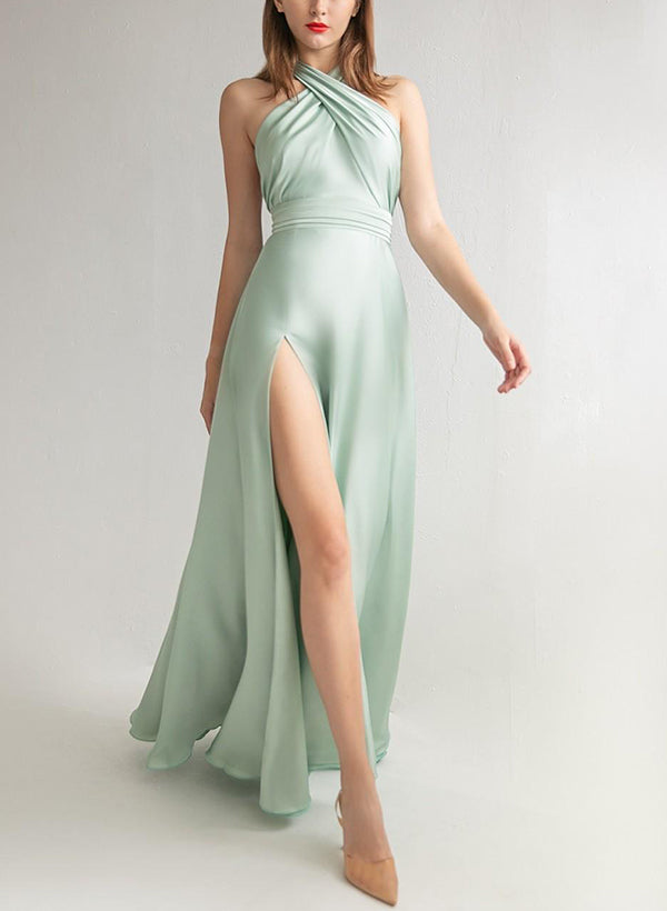 A-Line/Princess Halter Floor-length Long Bridesmaid Dresses