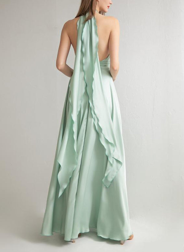 A-Line/Princess Halter Floor-length Long Bridesmaid Dresses