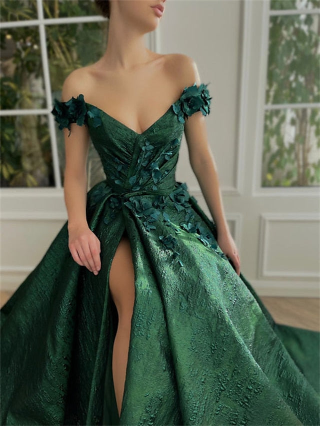 A-Line/Princess Off-the-Shoulder Sleeveless Floor-length Long Prom Dresses Whit Split Side Appliques