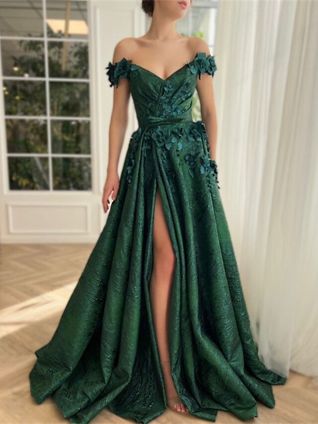 A-Line/Princess Off-the-Shoulder Sleeveless Floor-length Long Prom Dresses Whit Split Side Appliques