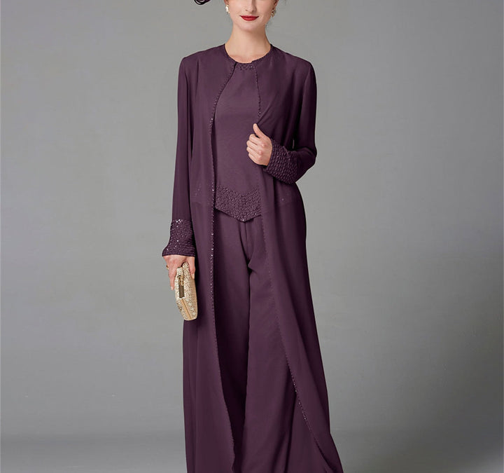 Chiffon Long Sleeves Mother of the Bride Pantsuits with Jacket & Sequins