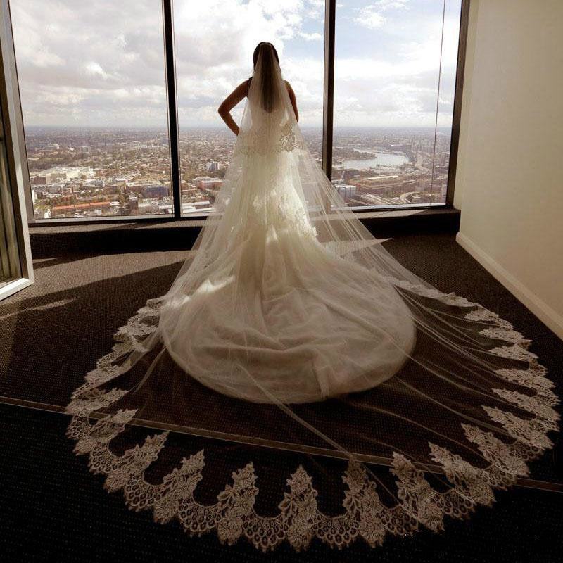 One-tier Lace veil extra wide 3M long tail Wedding Veils with Appliques