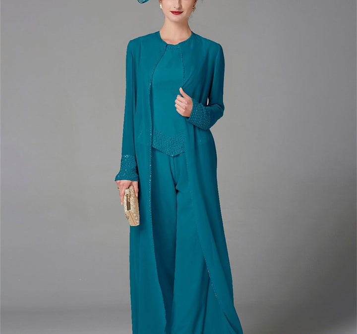 Chiffon Long Sleeves Mother of the Bride Pantsuits with Jacket & Sequins