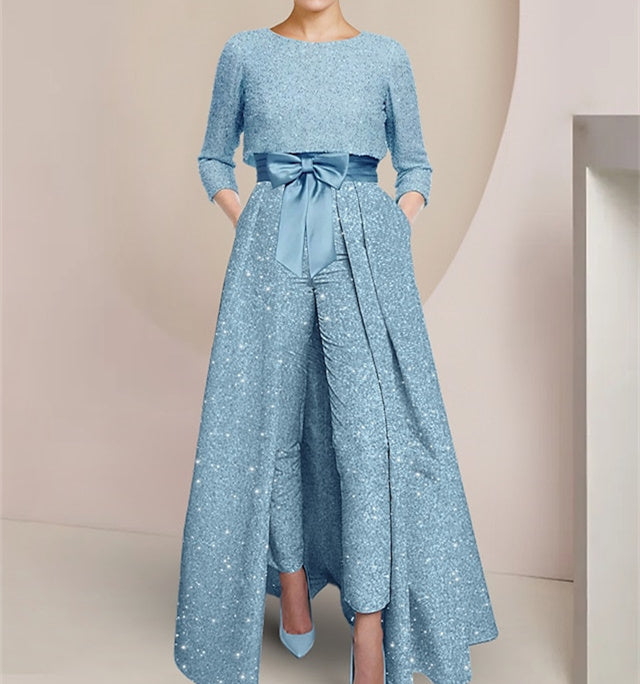 Chiffon Scoop Long Sleeves Mother of the Bride Pantsuits with Sash ＆ Sequins