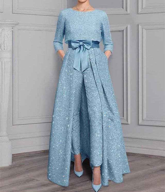 Chiffon Scoop Long Sleeves Mother of the Bride Pantsuits with Sash ＆ Sequins