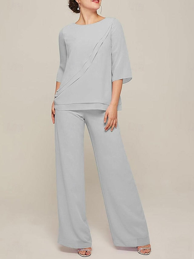 Jumpsuits Scoop Half Sleeves Chiffon Mother Of The Bride Pantsuits with Ruffles