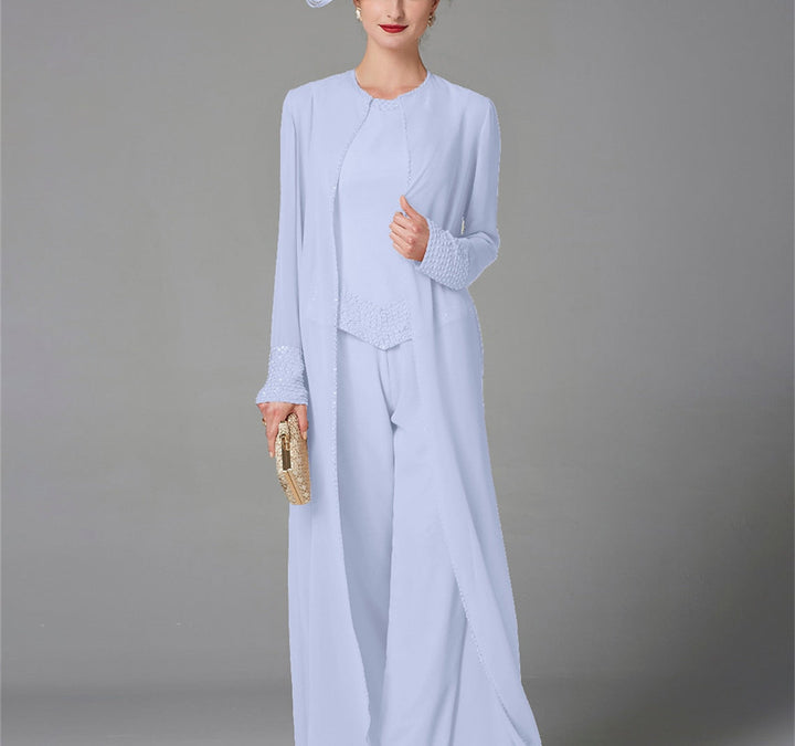 Chiffon Long Sleeves Mother of the Bride Pantsuits with Jacket & Sequins