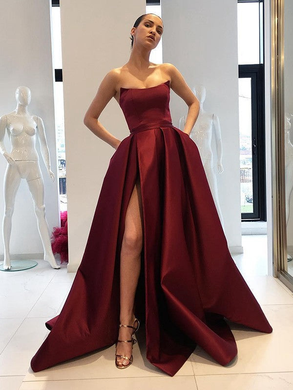 Women's Ball Gown Satin Strapless Floor-Length Long Prom Dresses