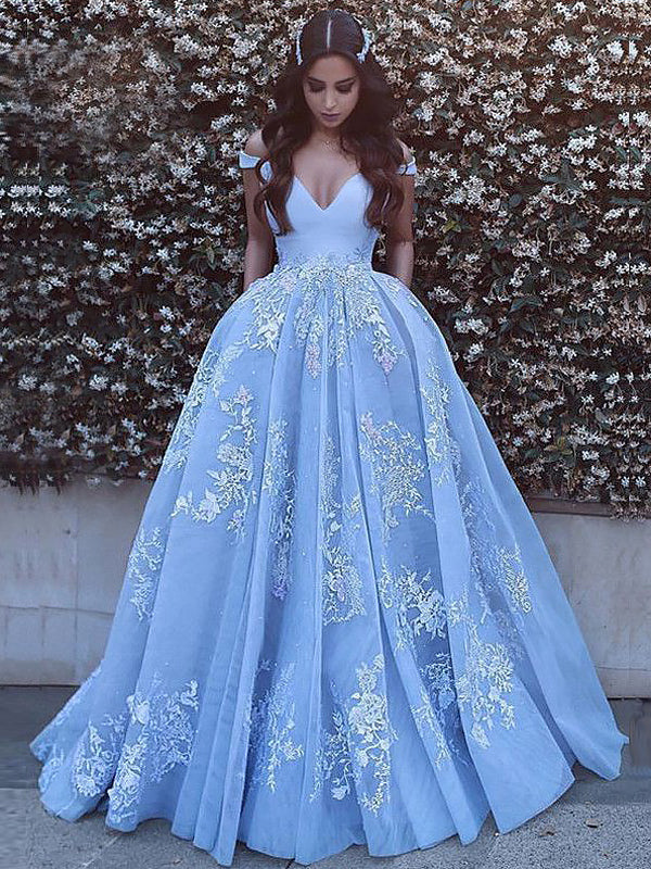 Women's Ball Gown Tulle Off-the-Shoulder Floor-Length Long Prom Dresses