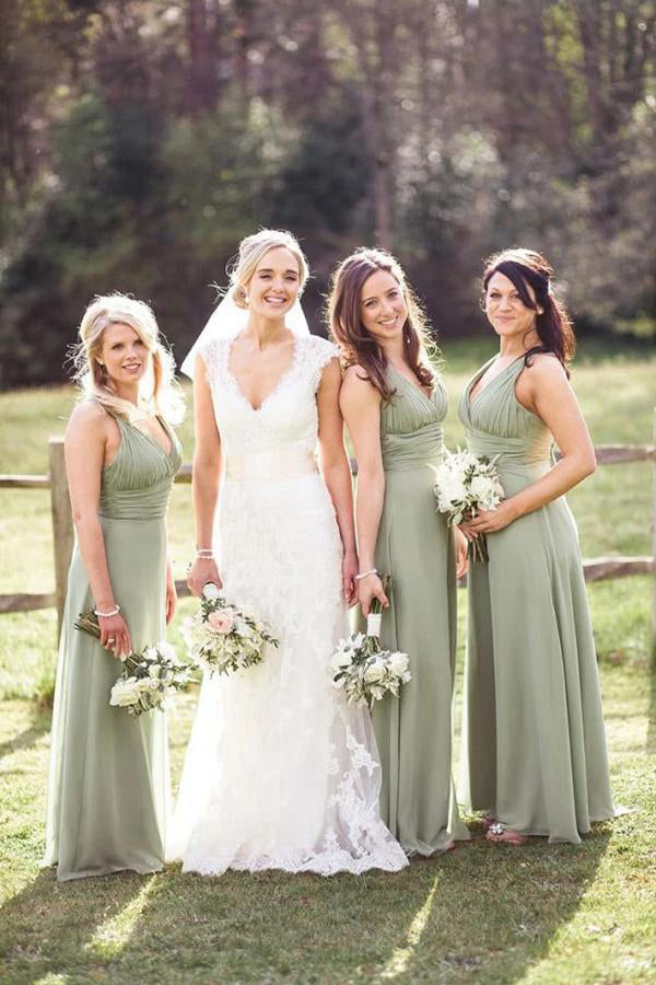 A-Line/Princess Ruched V-Neck Chiffon Long Bridesmaid Dress