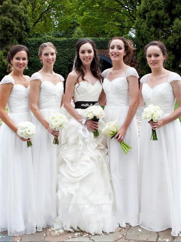 A-Line/Princess Sweetheart Short Sleeves Long With Ruched Chiffon Bridesmaid Dresses for Women