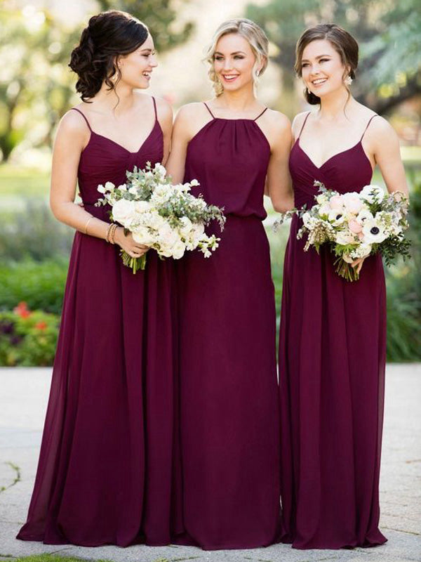 A-Line/Princess Spaghetti Straps Sleeveless Long With Ruffles Chiffon Bridesmaid Dresses for Women