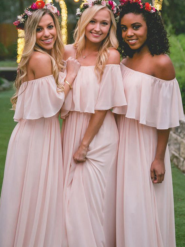 A-Line/Princess Off-the-Shoulder Sleeveless Long With Layers Chiffon Bridesmaid Dresses for Women