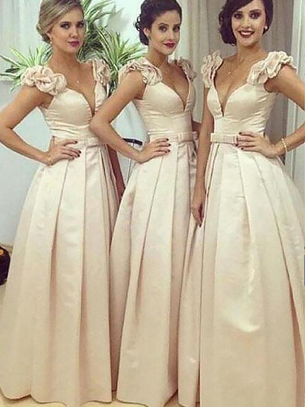 A-Line/Princess V-Neck Long Sleeveless Straps Satin Bridesmaid Dresses for Women