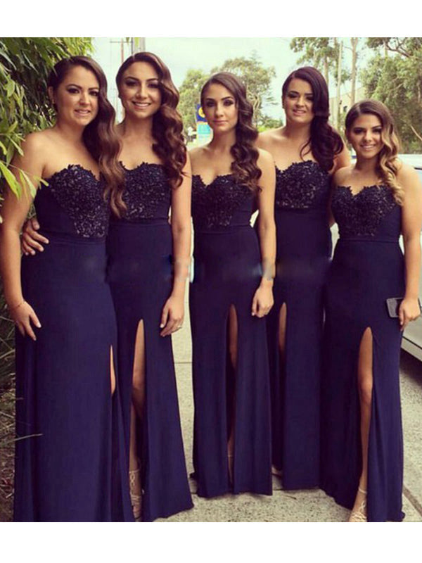 A-Line/Princess Sweetheart Sleeveless Split Side Long With Lace Jersey Bridesmaid Dresses for Women