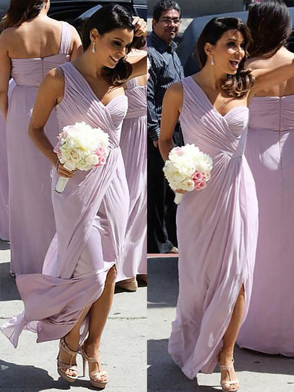 A-Line/Princess One-Shoulder Chiffon Ruched Sleeveless Long Chiffon Bridesmaid Dresses for Women