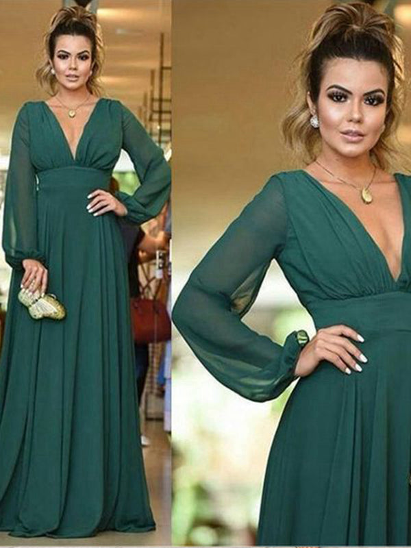 A-Line/Princess Ruffles V-neck Long Sleeves Long Chiffon Bridesmaid Dresses for Women