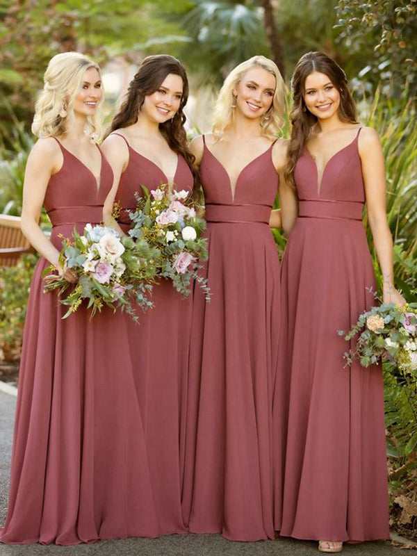 A-Line/Princess Long Sleeveless Spaghetti Straps V-Neck Ruffles Chiffon Bridesmaid Dresses for Women