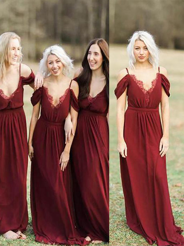 A-Line/Princess Spaghetti Straps V-Neck Sleeveless Long Lace Chiffon Bridesmaid Dresses for Women