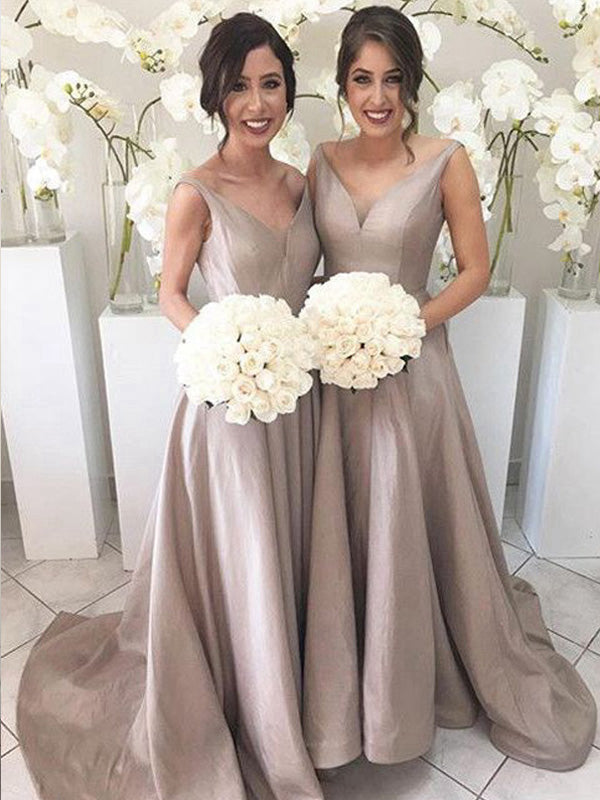 A-Line/Princess V-neck Sleeveless Long With Ruffles Taffeta Bridesmaid Dresses for Women