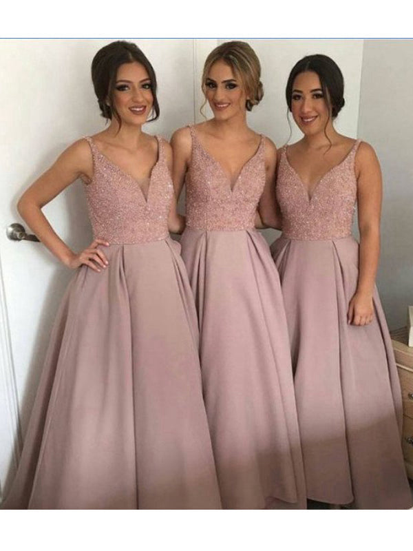 A-Line/Princess V-neck Sleeveless Long With Beading Taffeta Bridesmaid Dresses for Women