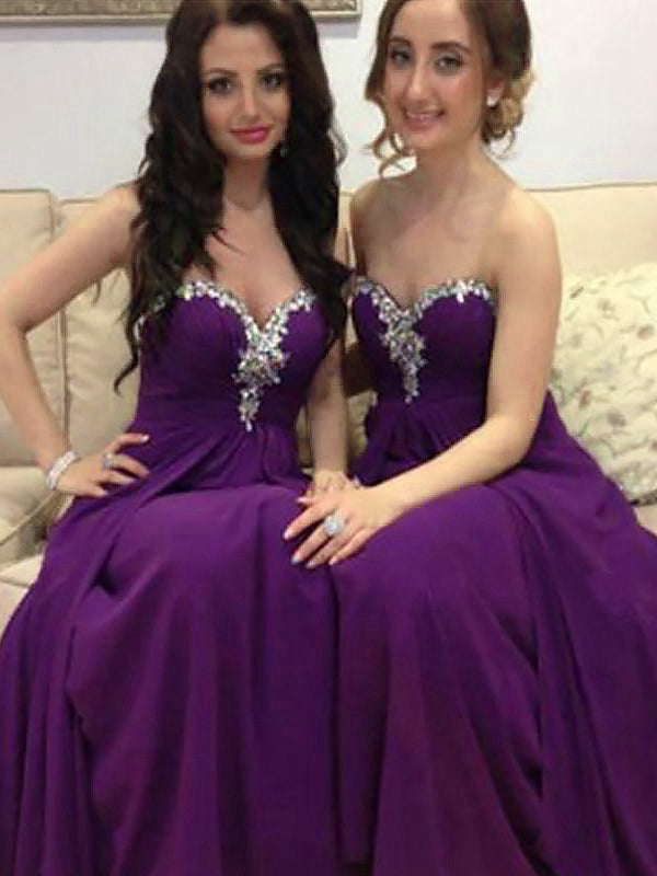 A-Line/Princess Sleeveless Sweetheart With Beading Long Chiffon Bridesmaid Dresses for Women