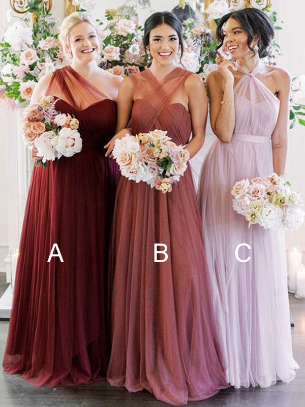 A-Line/Princess Halter Ruffles Sleeveless Long Tulle Bridesmaid Dresses for Women