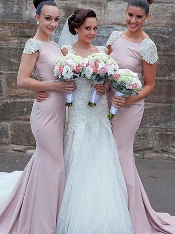 Trumpet/Mermaid Bateau Sleeveless Long With Beading Satin Bridesmaid Dresses for Women