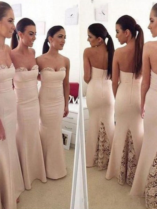 Trumpet/Mermaid Sweetheart Sleeveless Long With Lace Satin Bridesmaid Dresses for Women