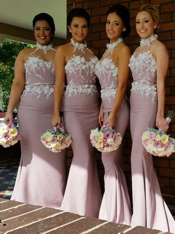 Trumpet/Mermaid Halter Sleeveless Long With Beading Satin Bridesmaid Dresses for Women