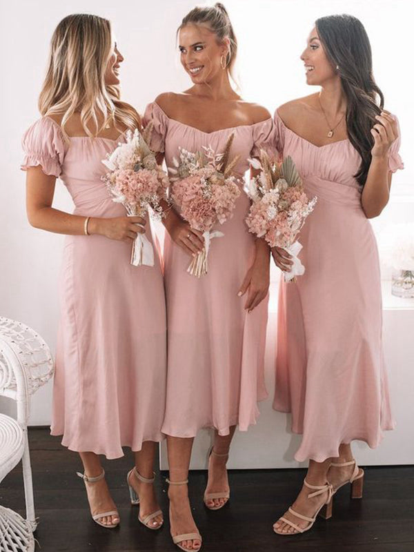 A-Line/Princess Sweetheart Ruched Short Sleeves Tea-Length Chiffon Bridesmaid Dresses for Women