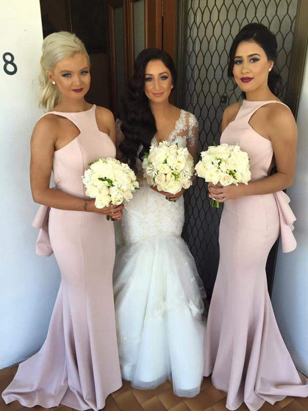 Trumpet/Mermaid Halter Sleeveless Long With Ruffles Satin Bridesmaid Dresses for Women