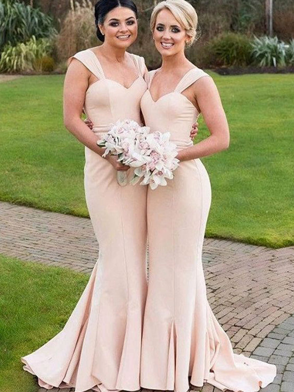 Trumpet/Mermaid Sweetheart Sleeveless Long With Ruched Satin Bridesmaid Dresses for Women