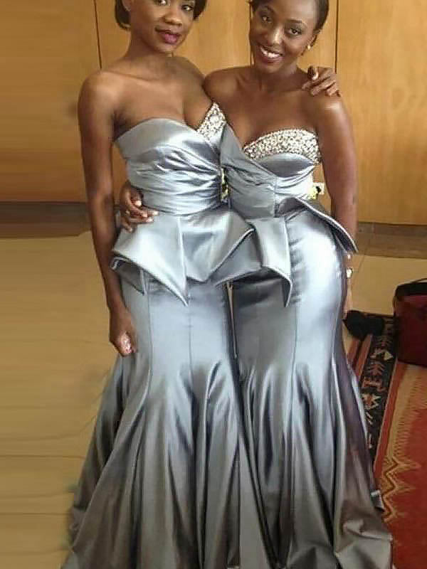 Trumpet/Mermaid Sweetheart Sleeveless Long With Beading Ruched Satin Bridesmaid Dresses for Women