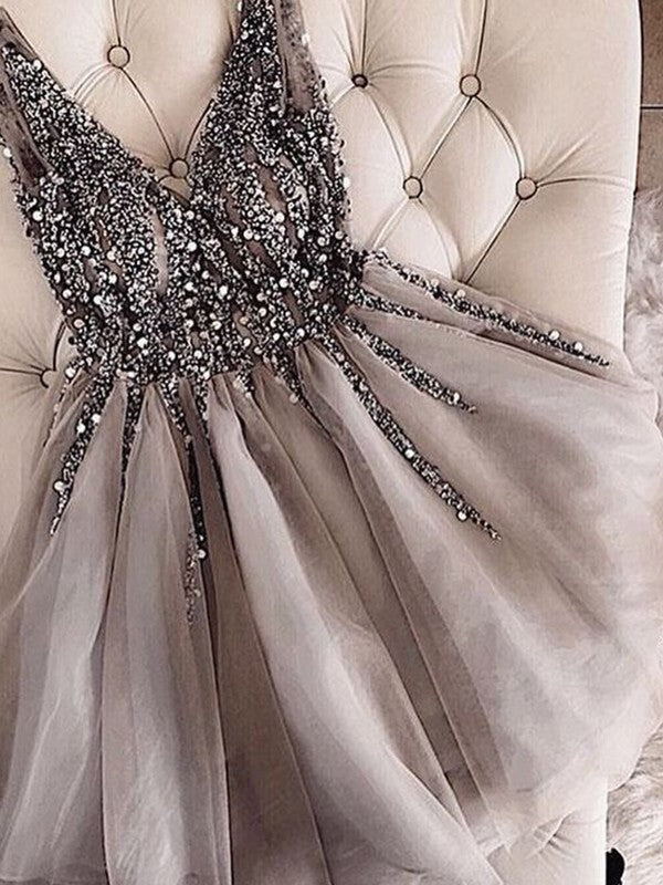 A-Line Sequins V-Neck Sleeveless Tulle Homecoming Dresses