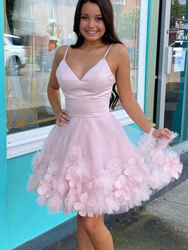 A-Line V-Neck Sleeveless Tulle Flowers Homecoming Dresses