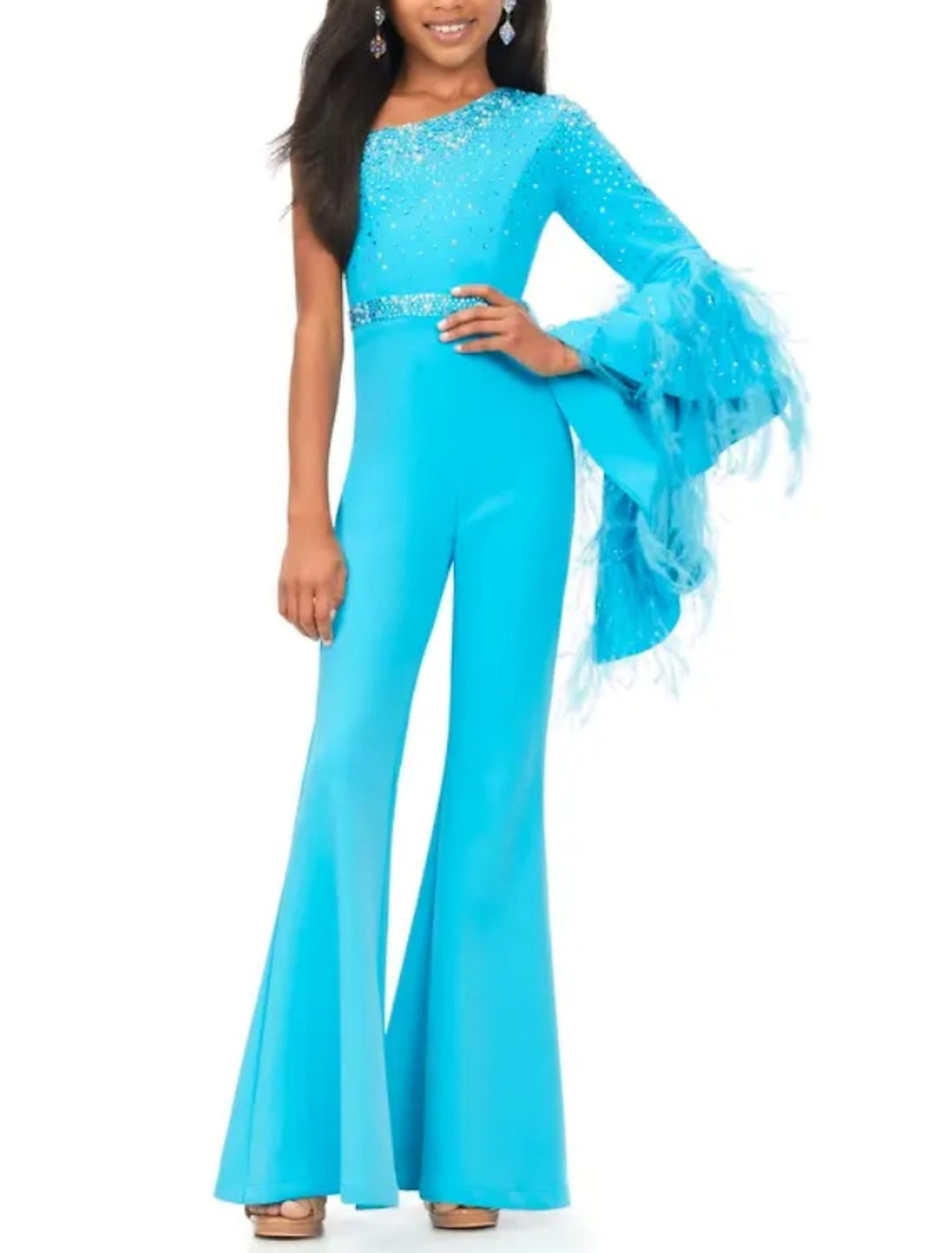 One-Shoulder Party Girls Jumpsuits with Sequins & Feather