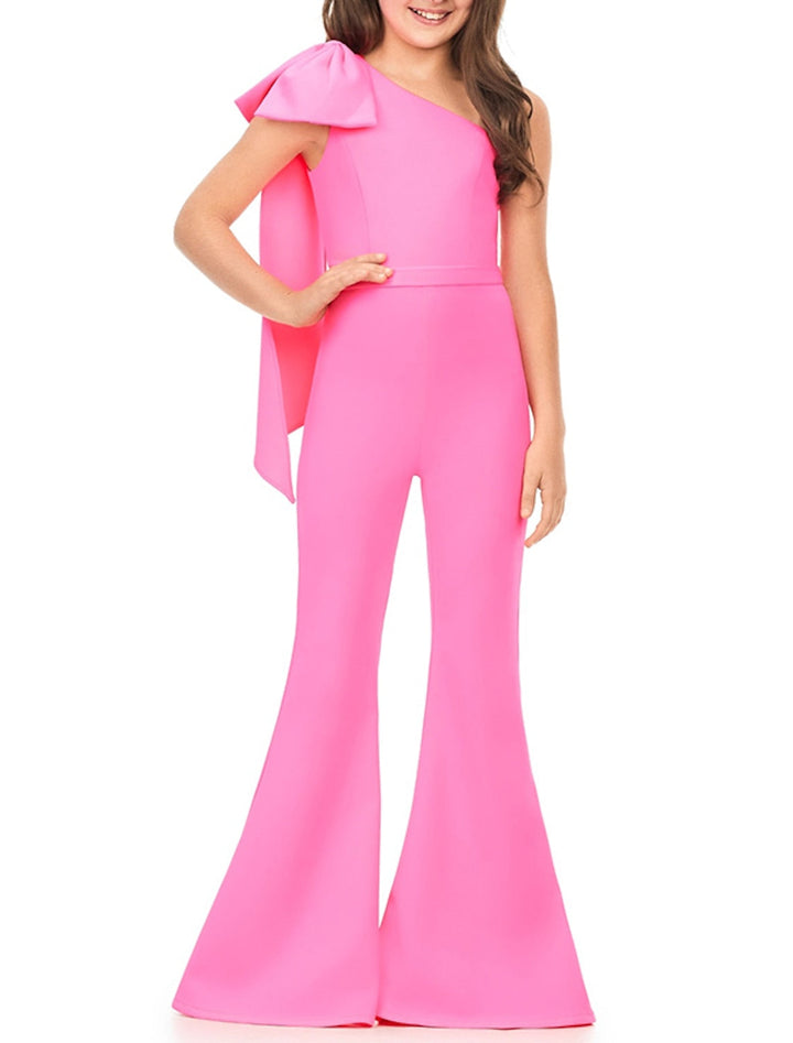 One-Shoulder Girls Prom Jumpsuits with Bowknot