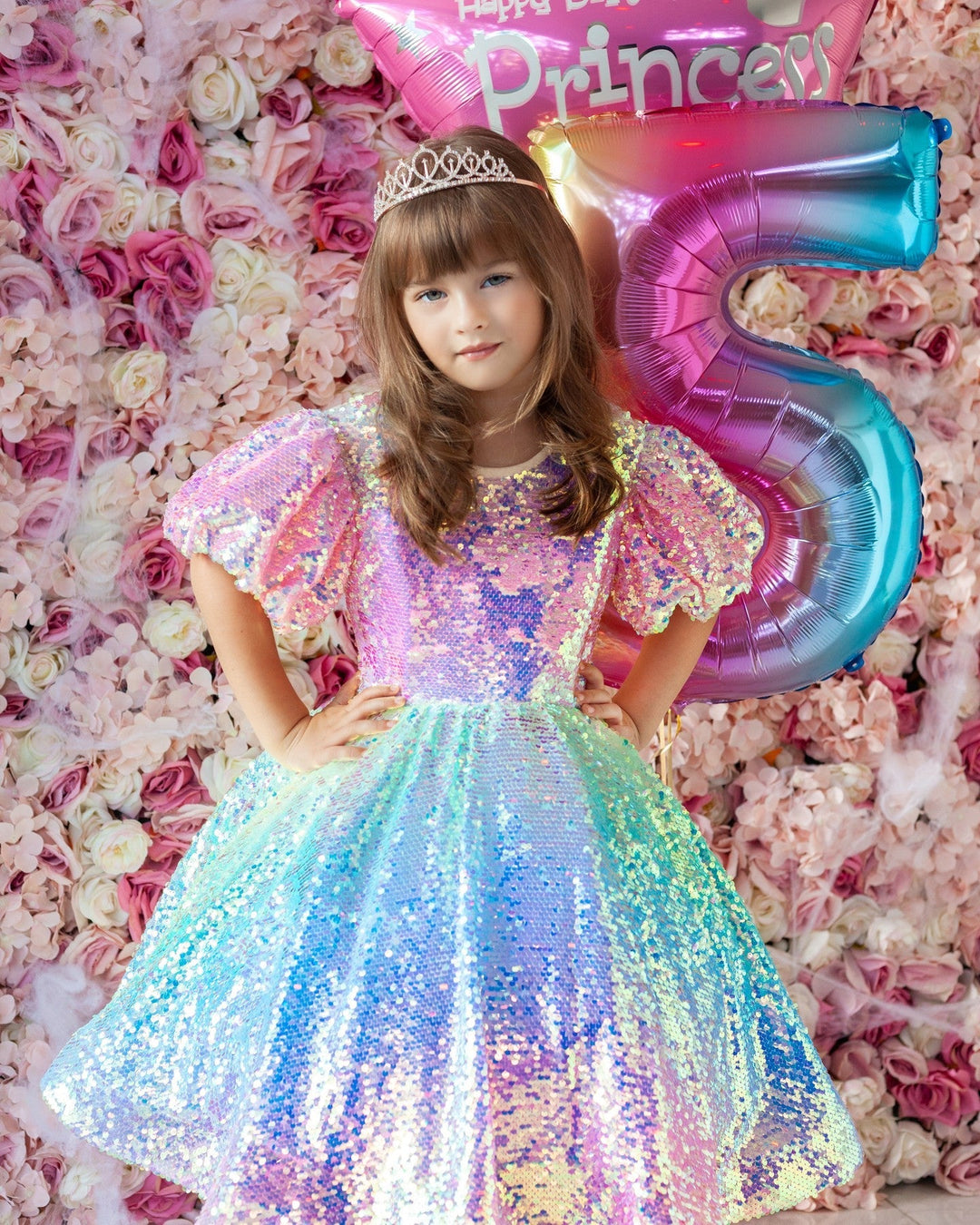 Ball Gown Princess Rainbow Unicorn Sequins Little Girl Party Dresses