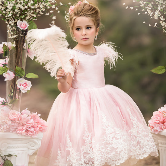 Ball Gown Asymmetrical High Low Flower Girl Dresses with Applique & Feather