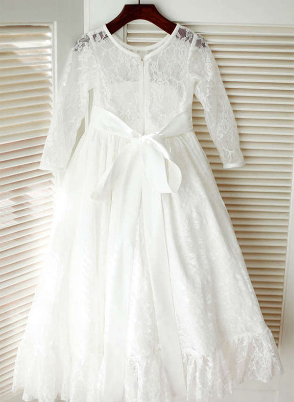 A-Line/Princess Lace Flower Girl Dresses With Sash