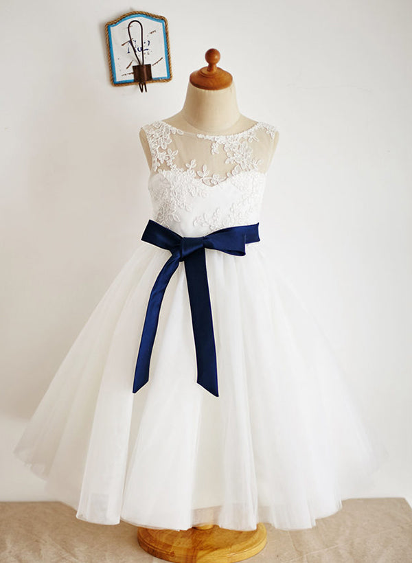 A-Line/Princess Illusion Neck Flower Girl Dresses With Sash