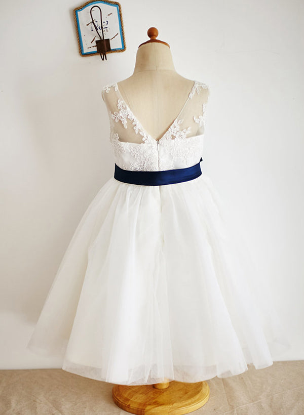 A-Line/Princess Illusion Neck Flower Girl Dresses With Sash