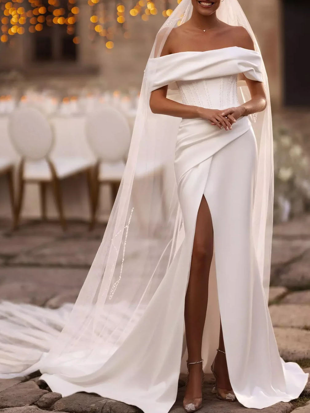 Trumpet/Mermaid Off-the-Shoulder Wedding Dress with Sequins & Split Side