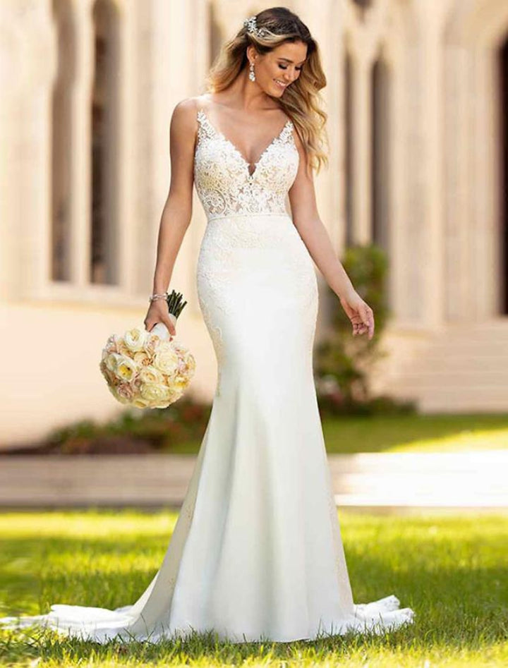 Trumpet/Mermaid V-Neck Floor-length Lace Wedding Dress