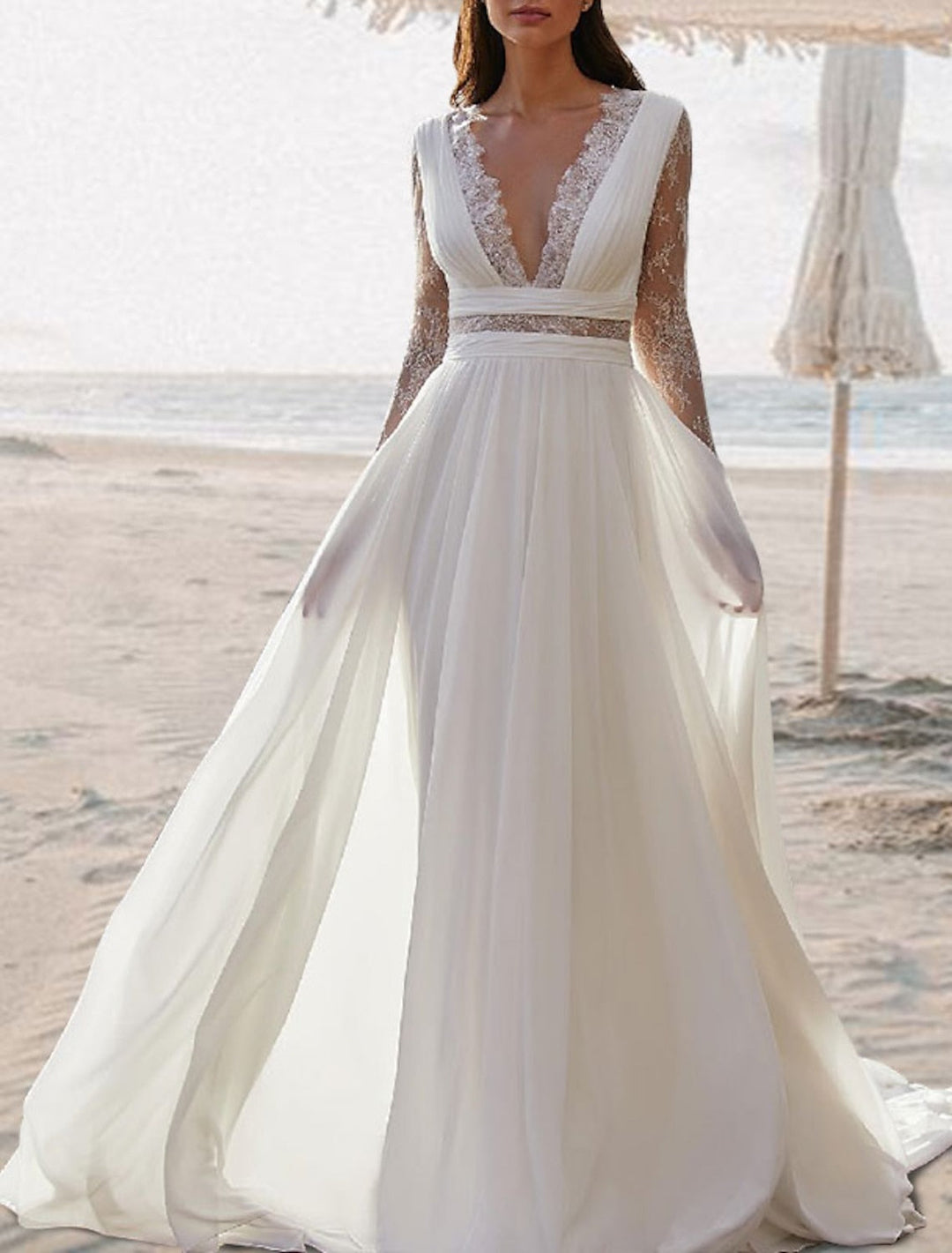 A-Line/Princess V-Neck Floor-length Lace Wedding Dress